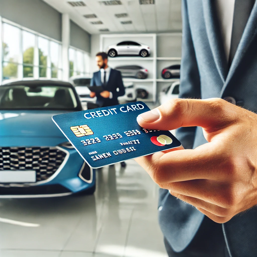 DALL·E 2025-03-10 13.05.36 - A person buying a car at a dealership, holding a credit card while making the payment. The background features a modern showroom with various cars on