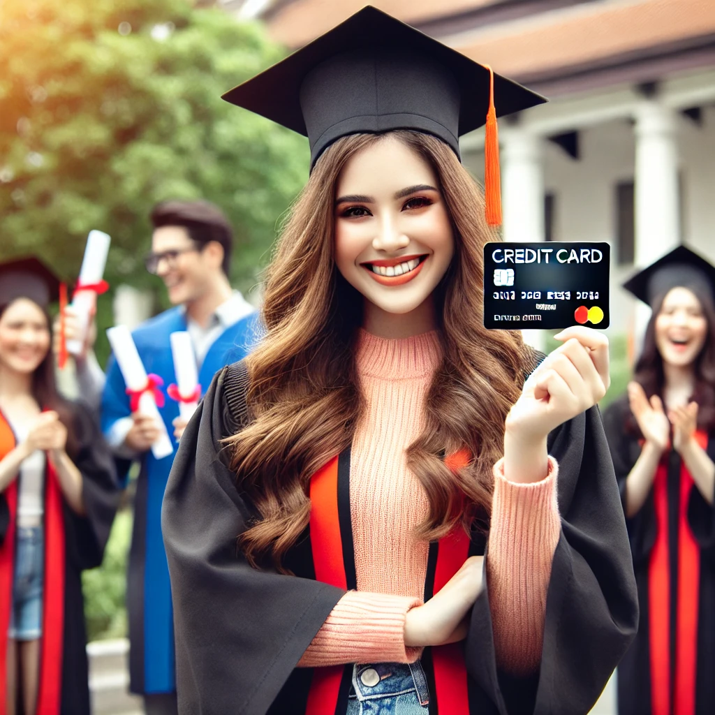 DALL·E 2025-03-10 13.05.43 - A young woman in a graduation gown and cap, holding a credit card while celebrating her degree. The background features a university campus with frien