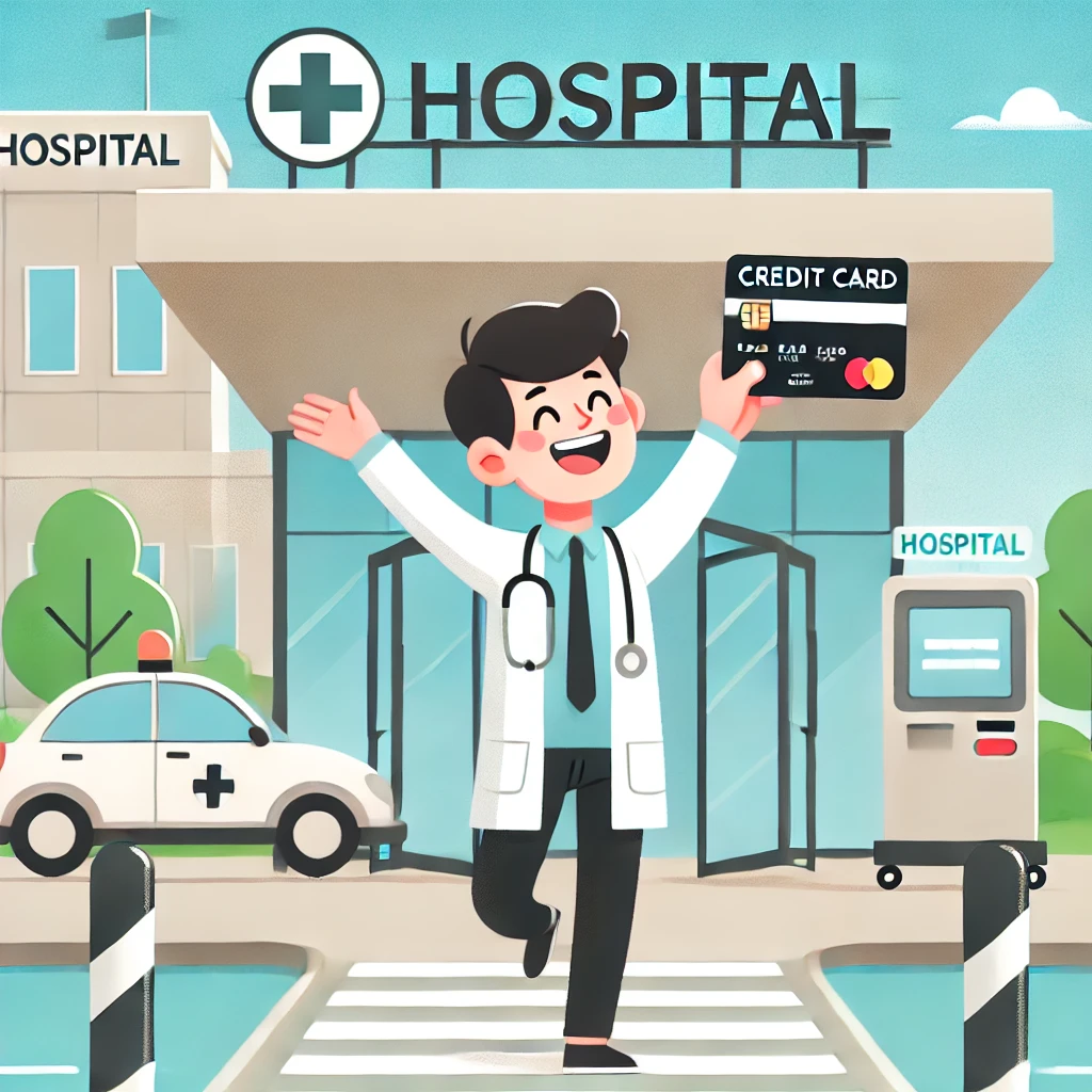 DALL·E 2025-03-10 13.05.53 - A person happily walking out of a hospital, looking relieved and healthy, while holding a credit card in their hand. The background features a hospita